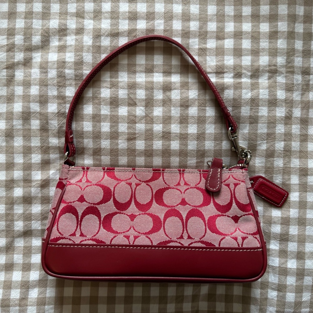 Coach Red Monogram Shoulder Bag with Leather Trim